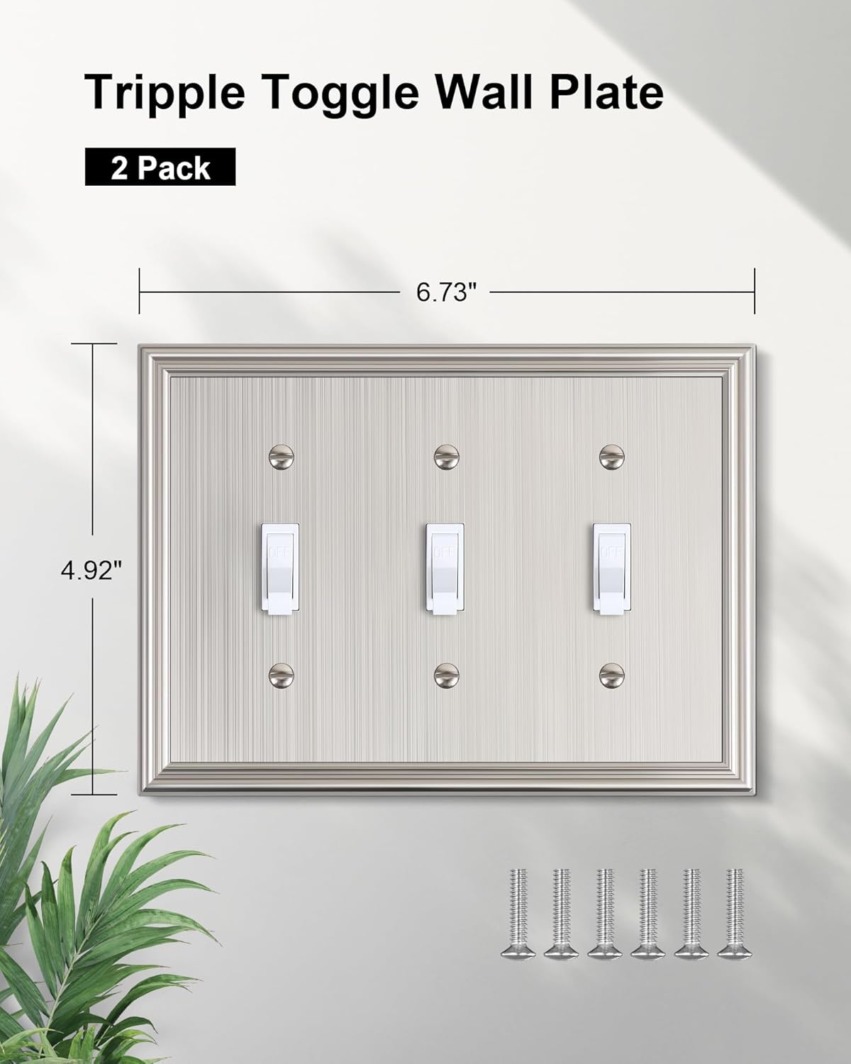 2-Pack Triple Toggle Light Switch Cover Plate, Durable Solid Zinc Alloy Decorative Switch Plate