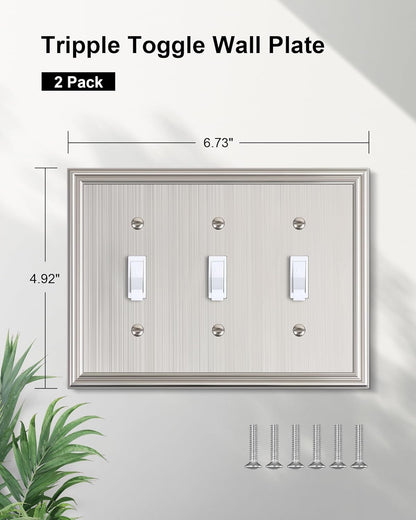 2-Pack Triple Toggle Light Switch Cover Plate, Durable Solid Zinc Alloy Decorative Switch Plate