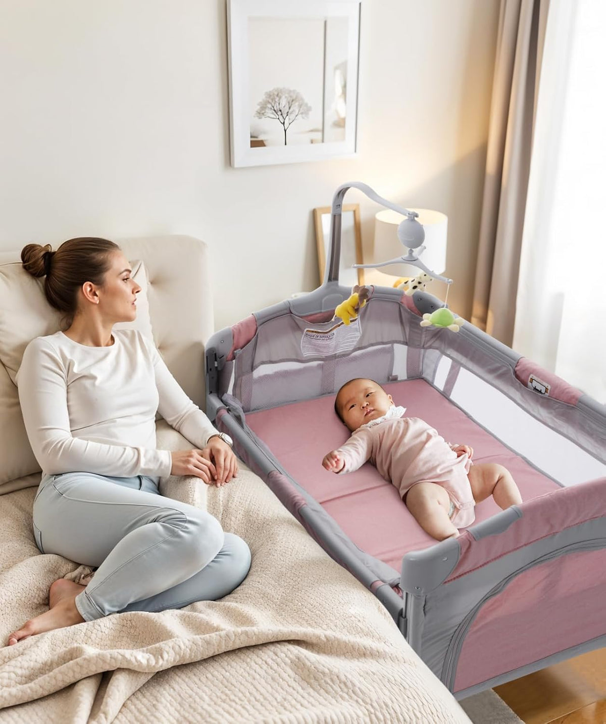 5 in 1 Baby Crib,Bedside Sleeper,Bassinet,Pack and Play with Bassinet and Changing Table,Portable