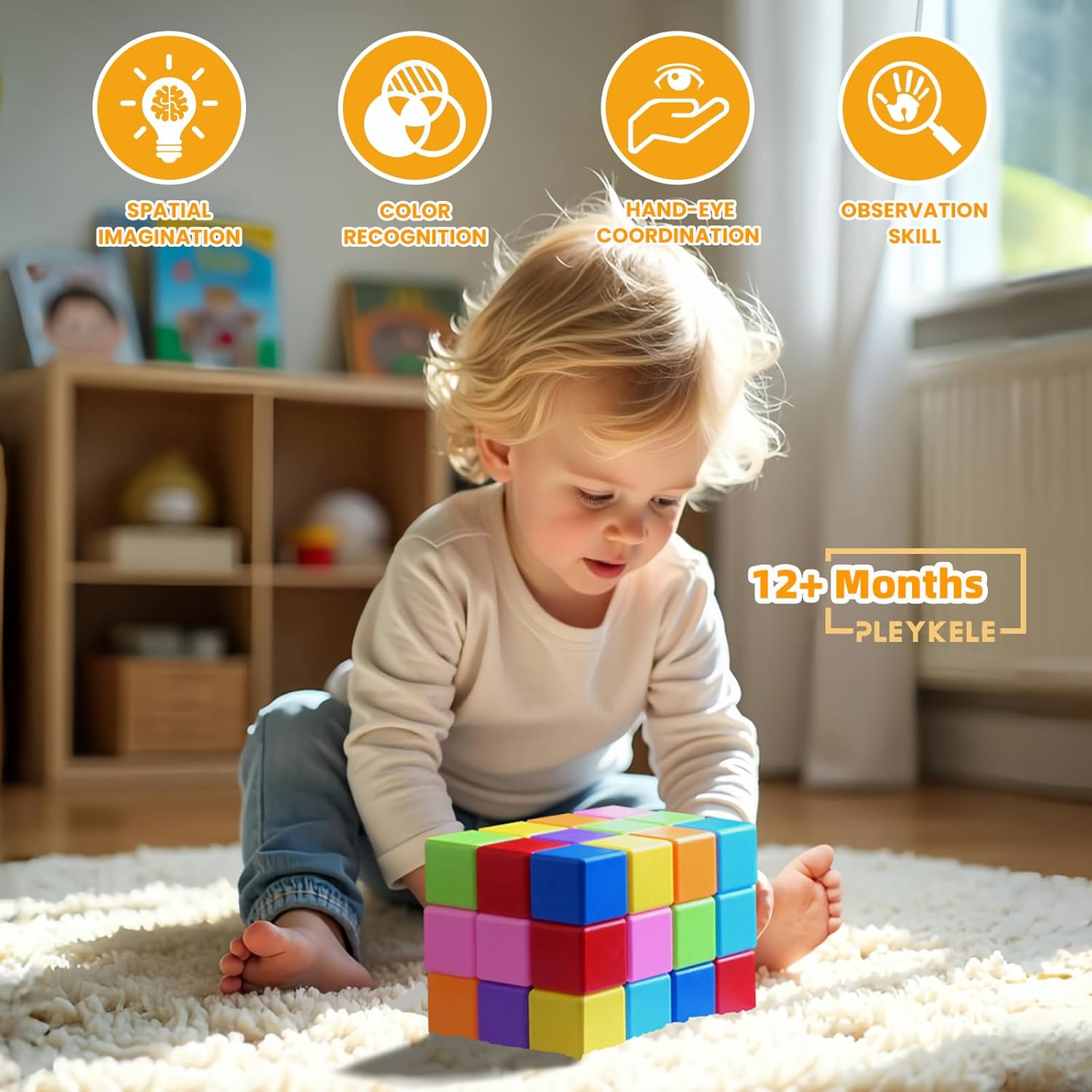 Large Magnetic Building Blocks in 8 Colors, 1.65 Inch Magnet Cubes for Sensory Education, STEM