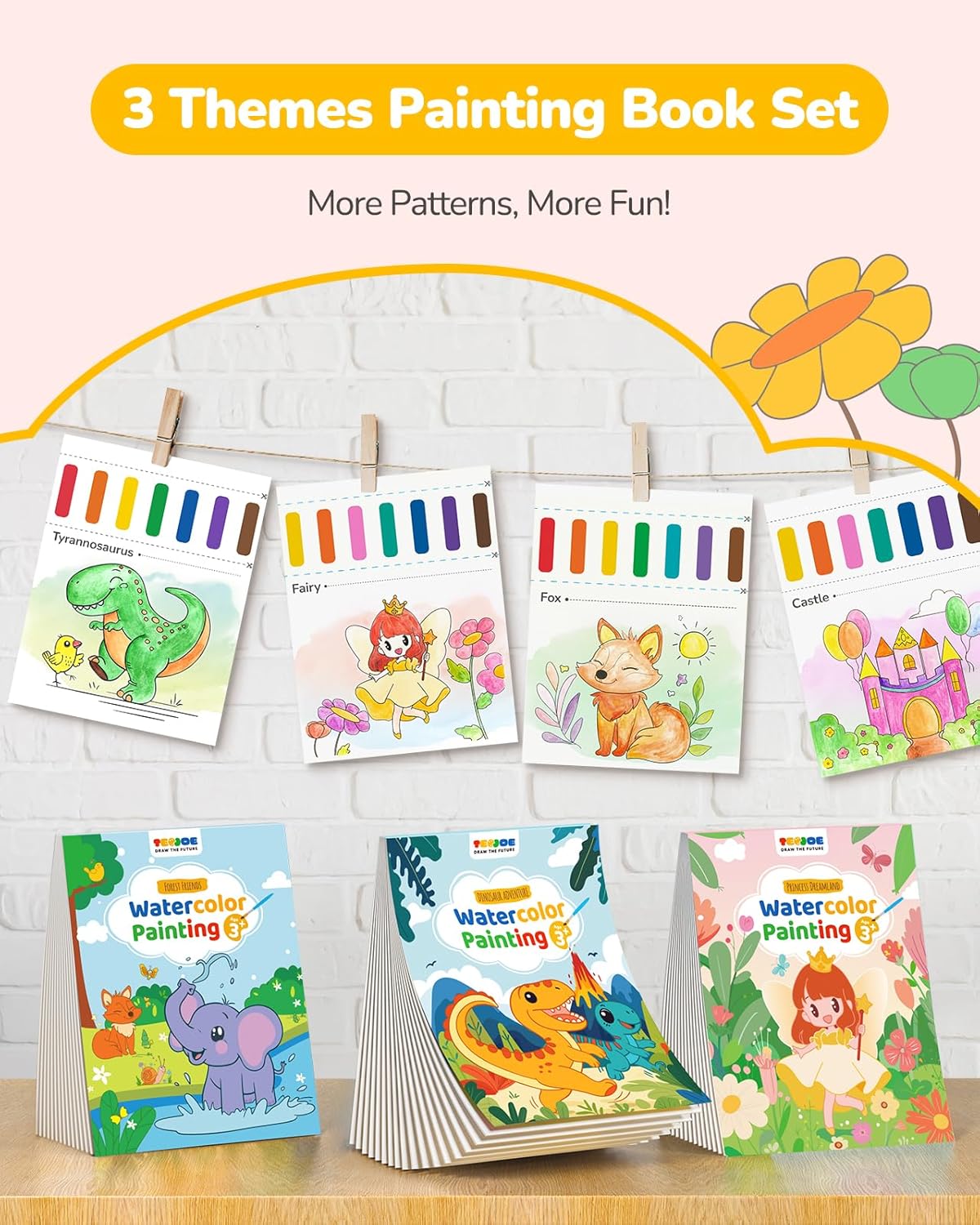 TECJOE 3 Pack Paint With Water Coloring Books for Toddlers, Watercolor Paint Set with 6 Brushes