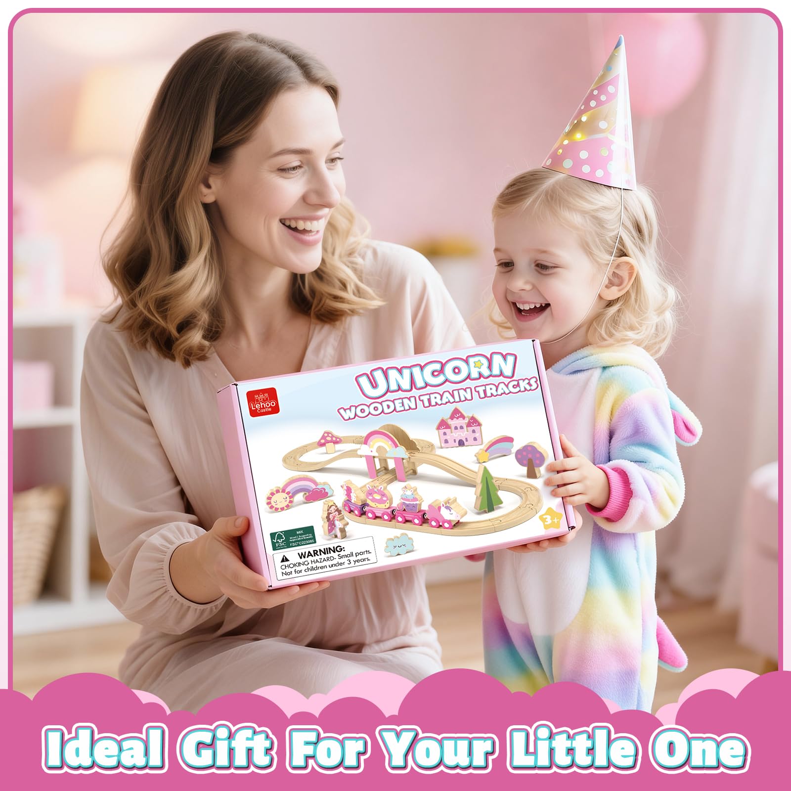 Lehoo Castle Wooden Train Set for Girls, Pink Unicorn Train Set