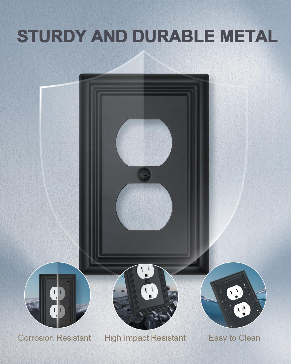 4-Pack Black Outlet Covers, Metal Duplex Wall Plates for Receptacles, Light Switch, Durable