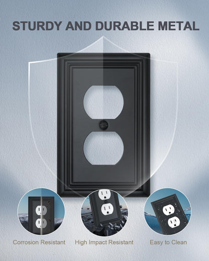 4-Pack Black Outlet Covers, Metal Duplex Wall Plates for Receptacles, Light Switch, Durable
