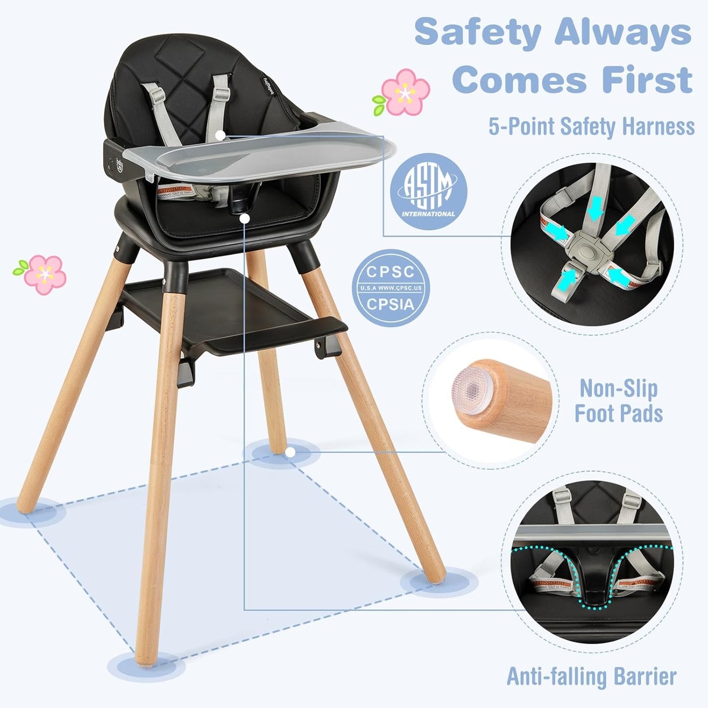 BABY JOY Baby High Chair, 6 in 1 Convertible Wooden High Chair for Babies & Toddlers with