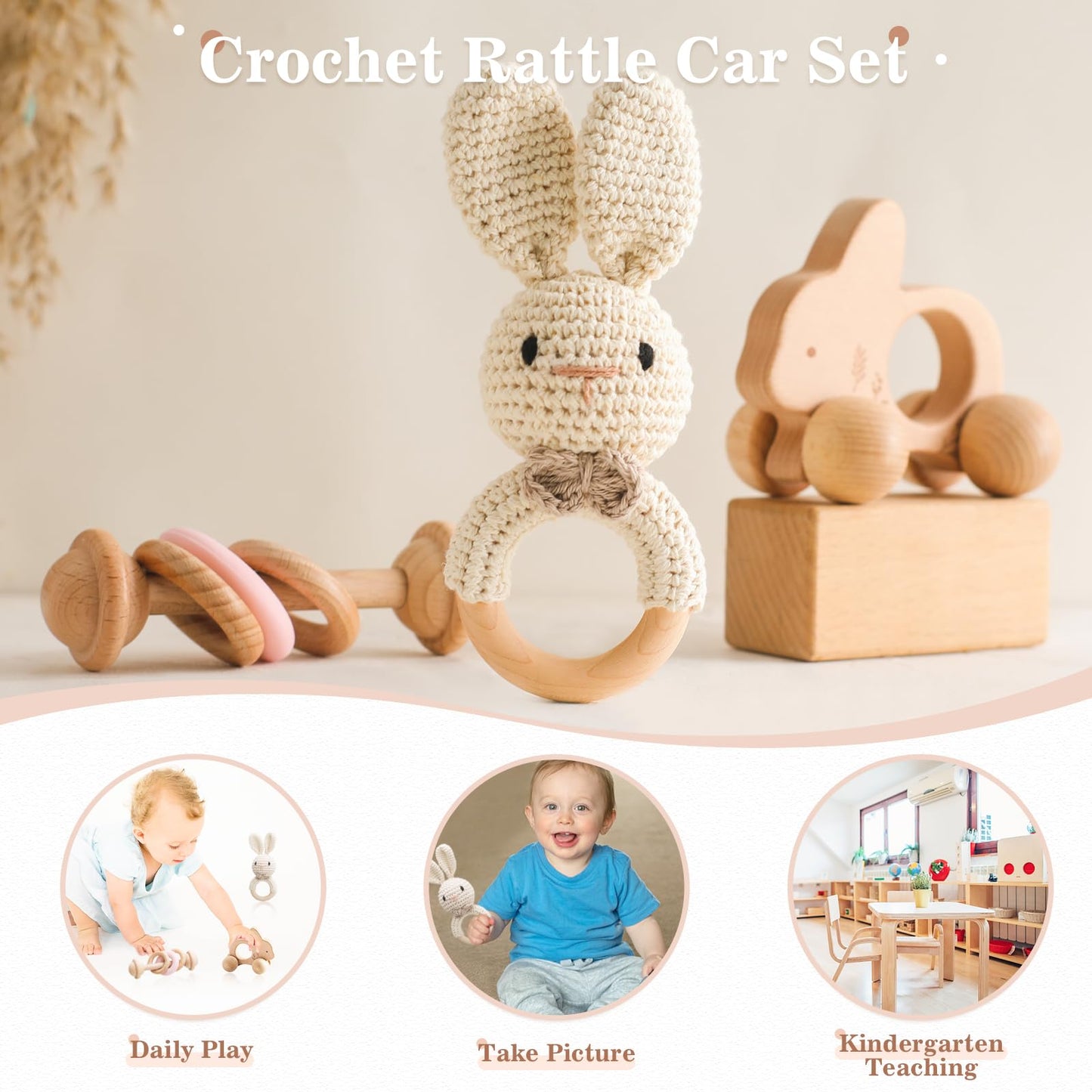 let's make Wooden Baby Rattle 3 PCS Push Car Rattle Set Crochet Rattle Ring Wooden Montessori Toy