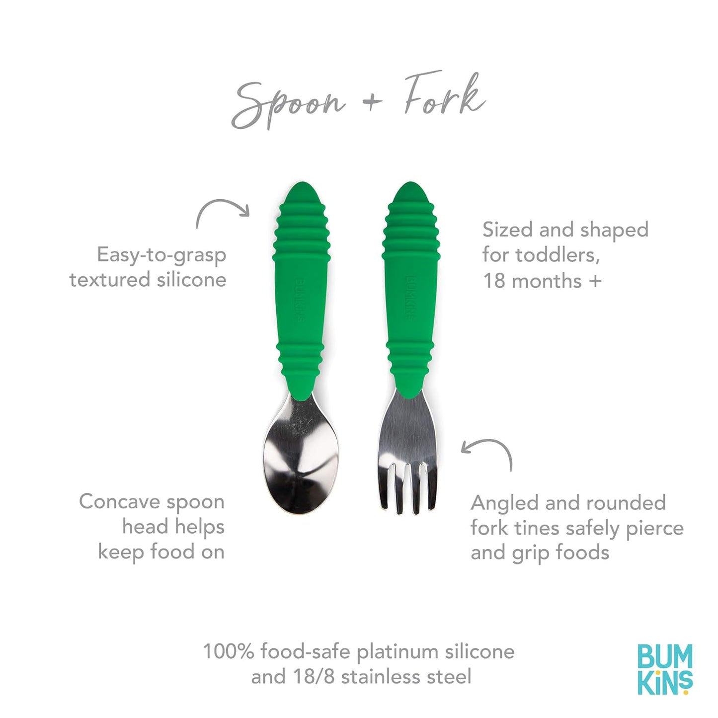 Bumkins Toddler Utensils, Kids Size Fork and Spoon Set, Silicone and Stainless-Steel Training