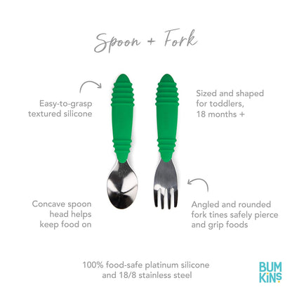 Bumkins Toddler Utensils, Kids Size Fork and Spoon Set, Silicone and Stainless-Steel Training