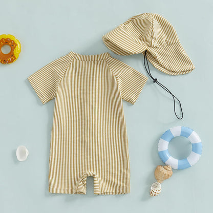 Toddler Baby Boys Seersucker Short Sleeve One Piece Rash Guard Swimsuit Zipper Bathing Suit