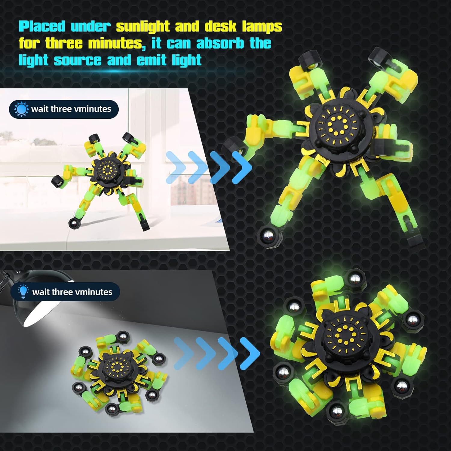 8Pcs Fidget Spinners Glow in The Dark, Fingertip Gyro DIY Deformable Robot Funny Sensory Fidget