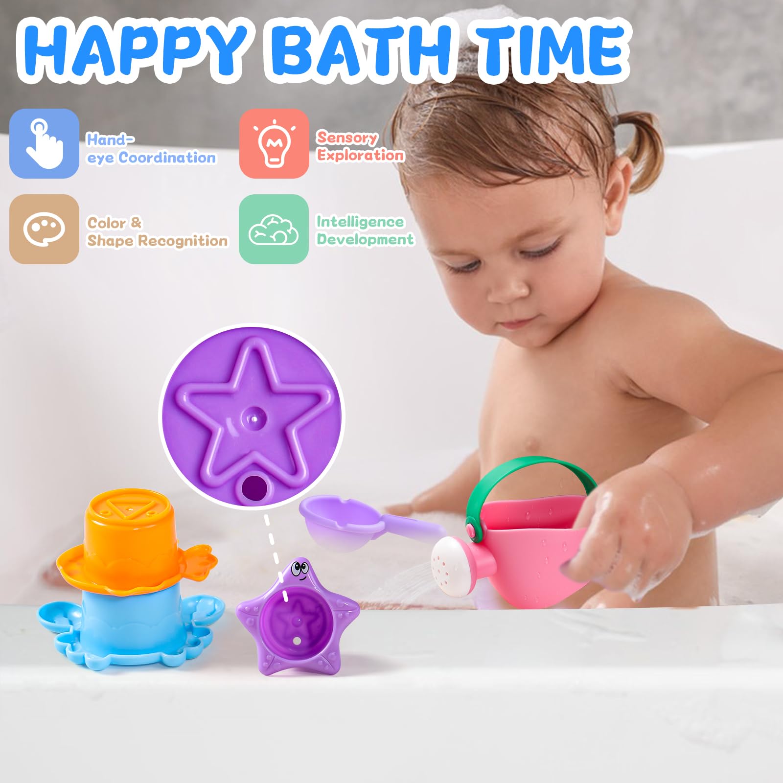 Fajiabao Toddler Bath Toys for Kids Ages 1-3 Stack, Scoop & Pour Set 5 PCS