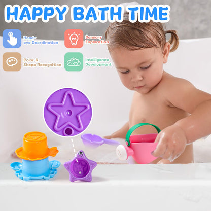 Fajiabao Toddler Bath Toys for Kids Ages 1-3 Stack, Scoop & Pour Set 5 PCS