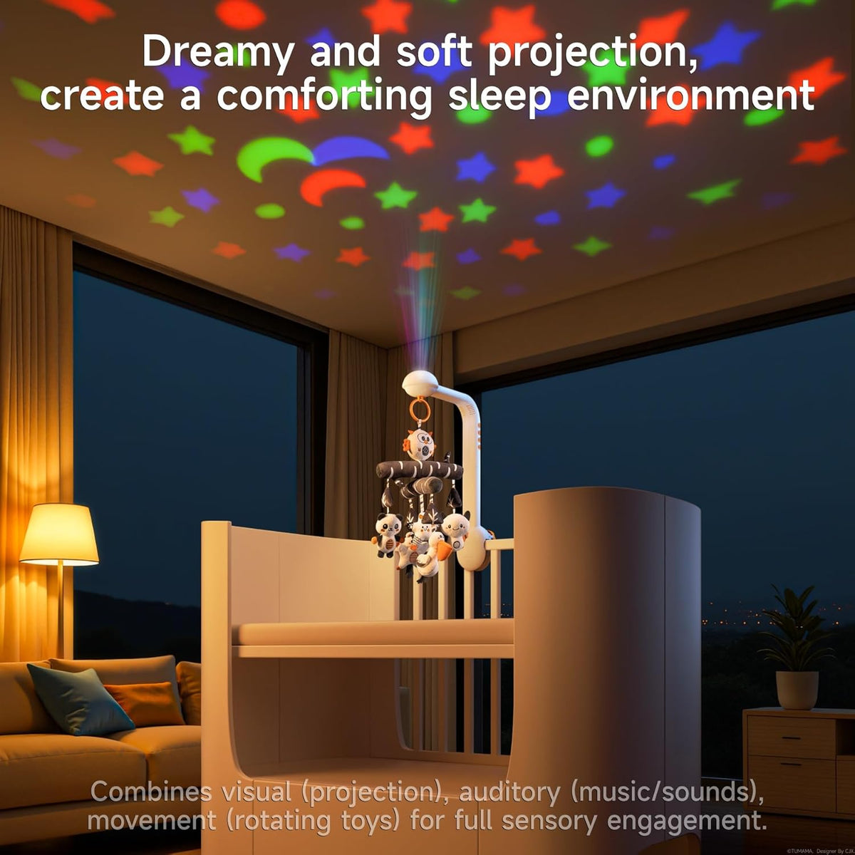 TUMAMA Baby Crib Mobile, High Contrast Baby Crib Toy with Projection Night Light, Music and White