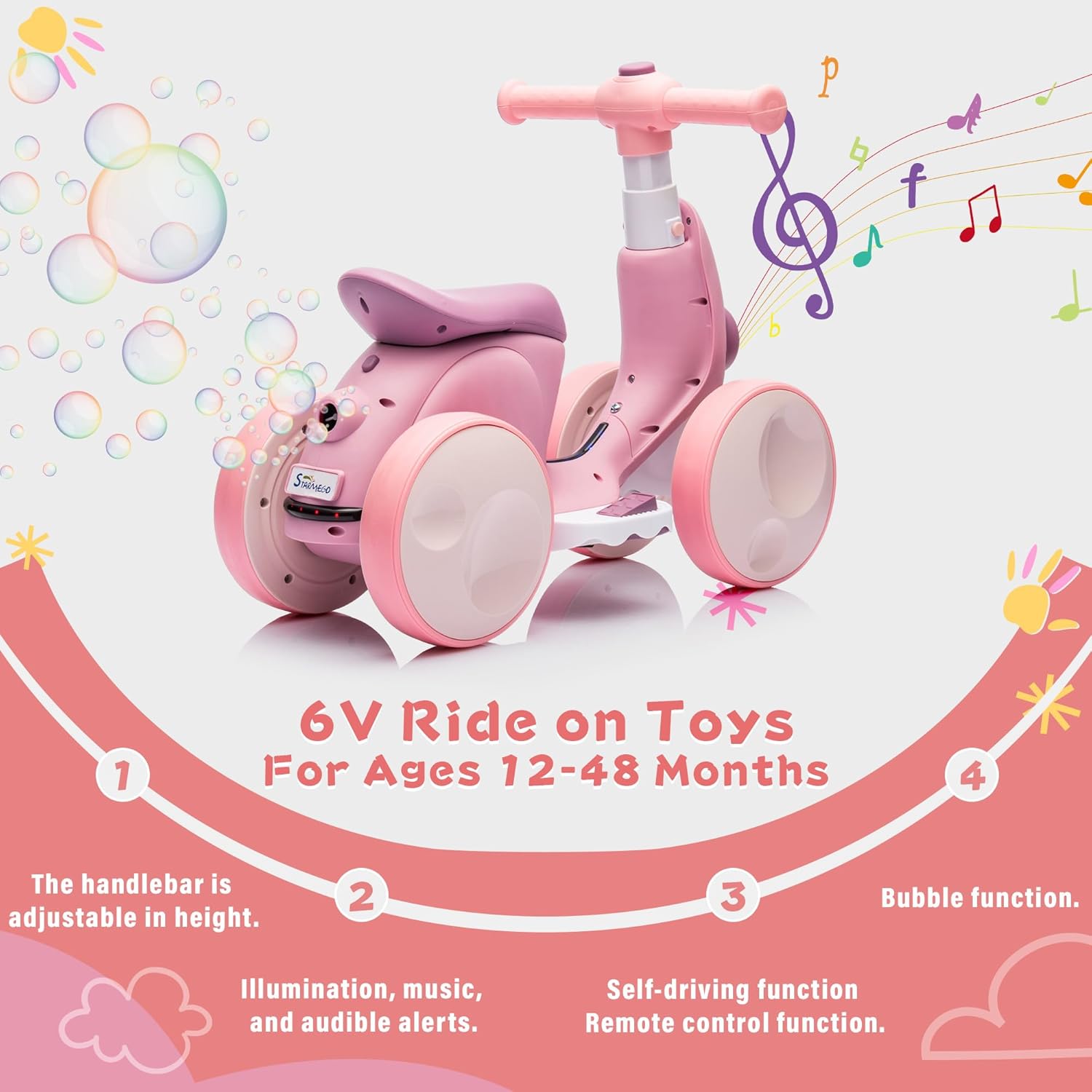 6V Electric Baby Balance Bike with Bubble Machine,4 in 1 Toddler Balance Bike w/Remote for 1 Year