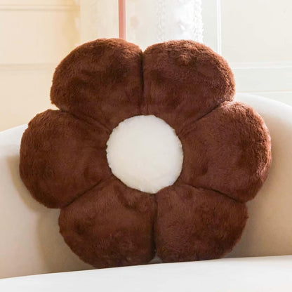 Brown Flower Plus Plush Throw Pillow with Faux Rabbit Fur, 19.6" Soft Decorative Flower-Shaped