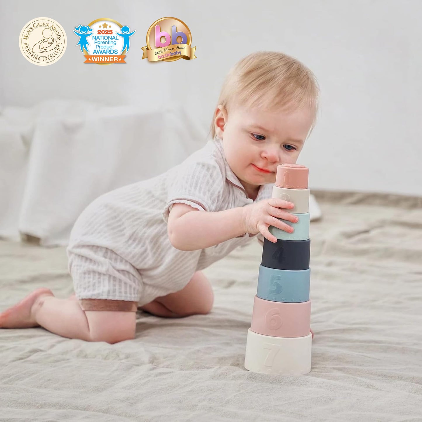 Moonkie Stacking Cups Toy, Fun Educational Baby Toys Silicone Soft Teething Toy, Age 6+ Months, 7