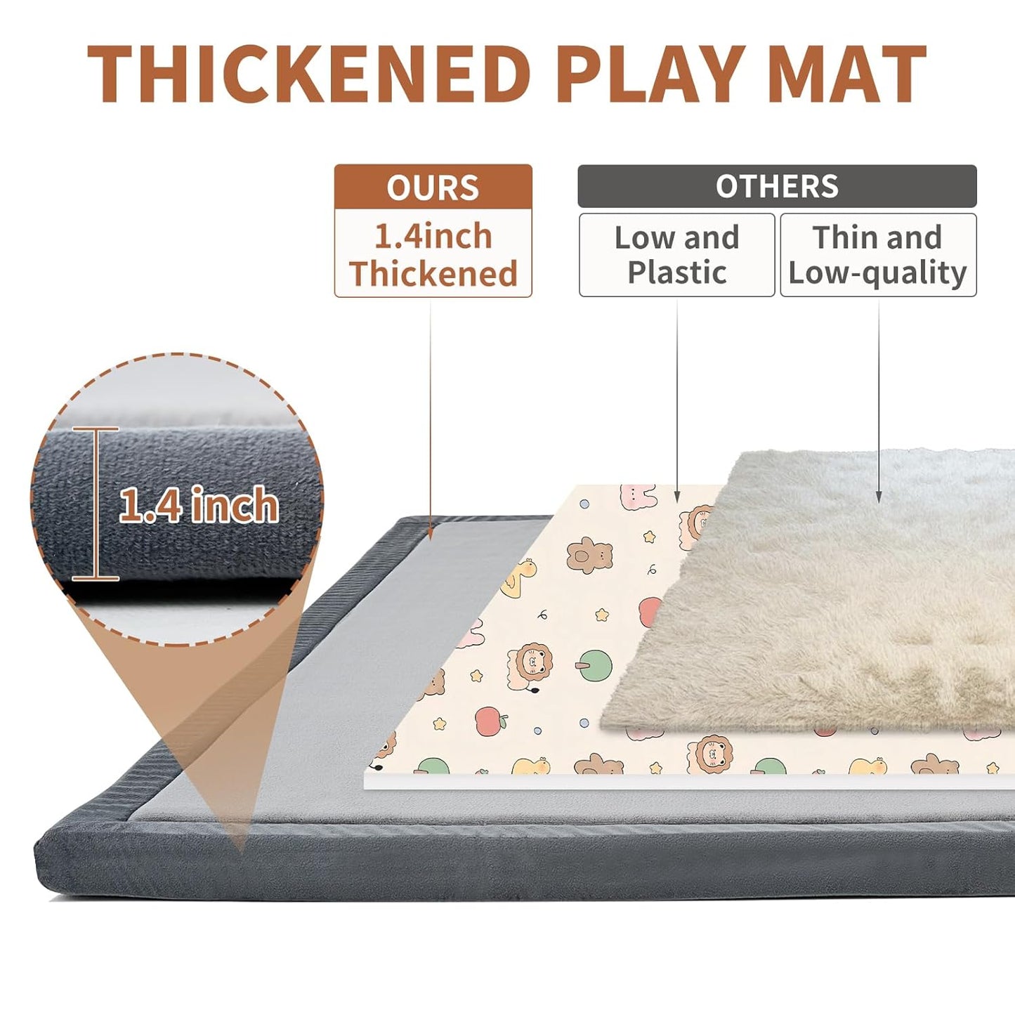 Baby Play Mat for Floor - 1.4" Thick Memory Foam Rug, 70"x59" Playpen Tummy Time Mat, Soft Velvet