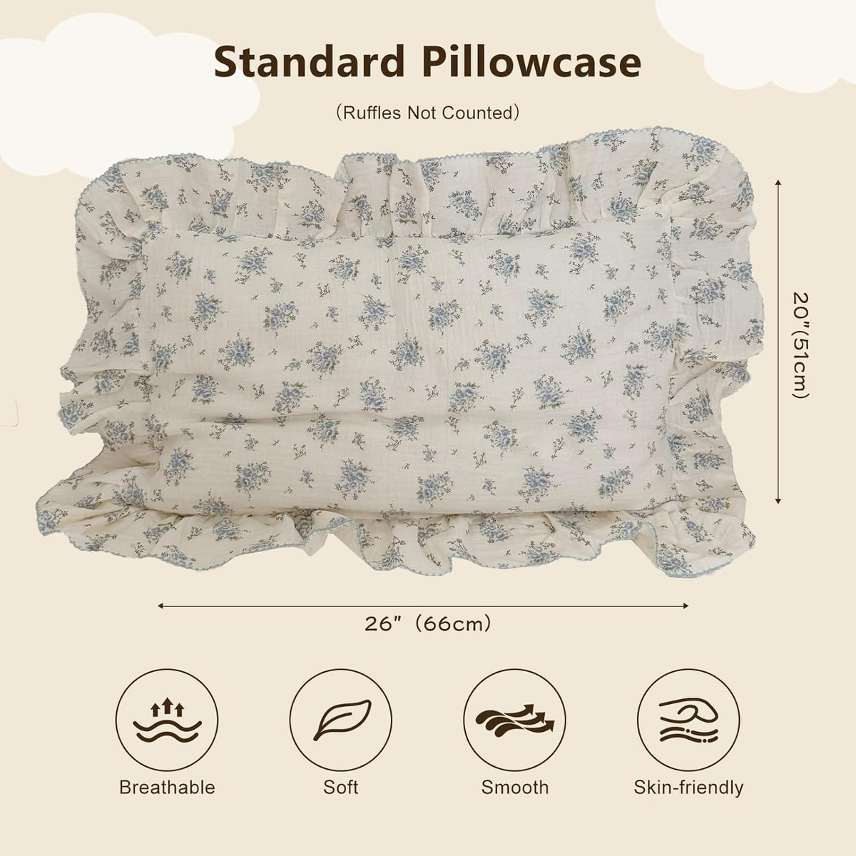 BuLuTu Muslin Cotton Kids Pillowcases for Girls Boys Shabby Chic Blue Floral Print Pillow Case