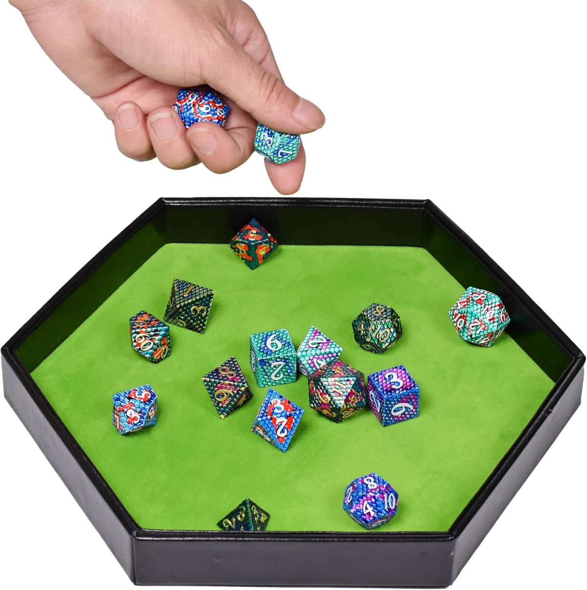 DND Dice Tray - 2 in 1 Hexagonal Rolling and Storage Tray, Faux Leather Material, Green Color