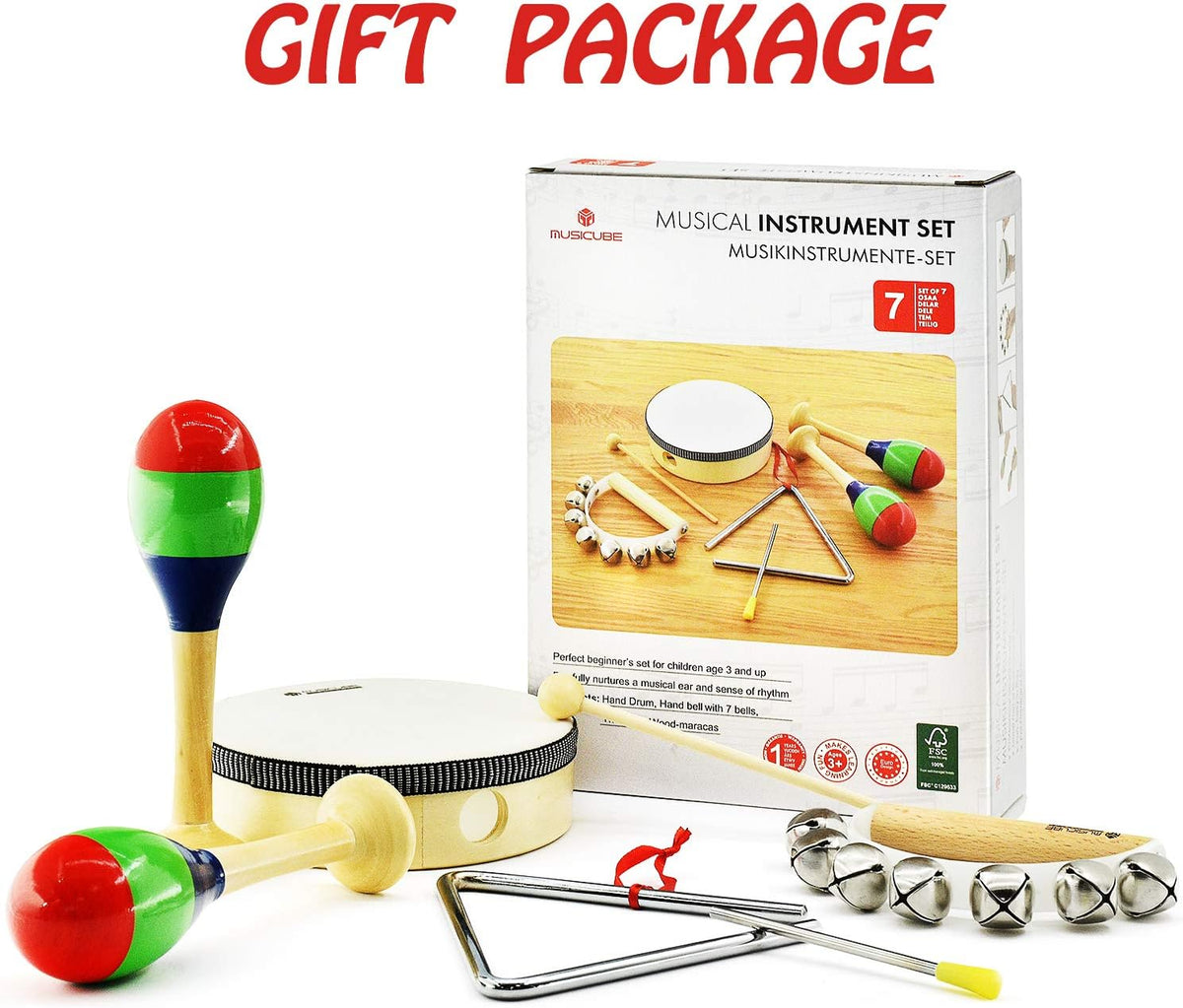 MUSICUBE 7 Pcs Musical Instrument Toys Set for Kids Wooden Percussion Instrument with Hand Drum