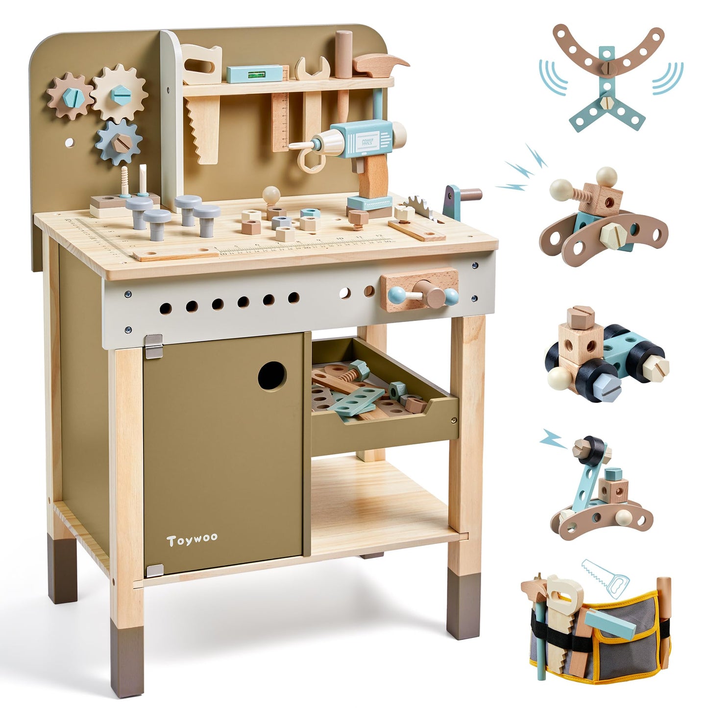 Kids Tool Set,Wooden Tools Bench with Apron Toddler Toy Workbench with Realistic Tools Electric
