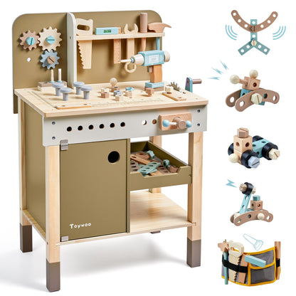 Kids Tool Set,Wooden Tools Bench with Apron Toddler Toy Workbench with Realistic Tools Electric
