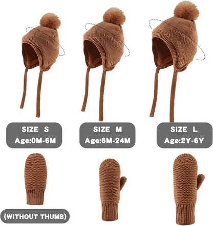 Basic Winter Baby Beanie Gloves Boys Girls Knitted Hat Pompom Kids Earflap Hats Warm Infant Toddler