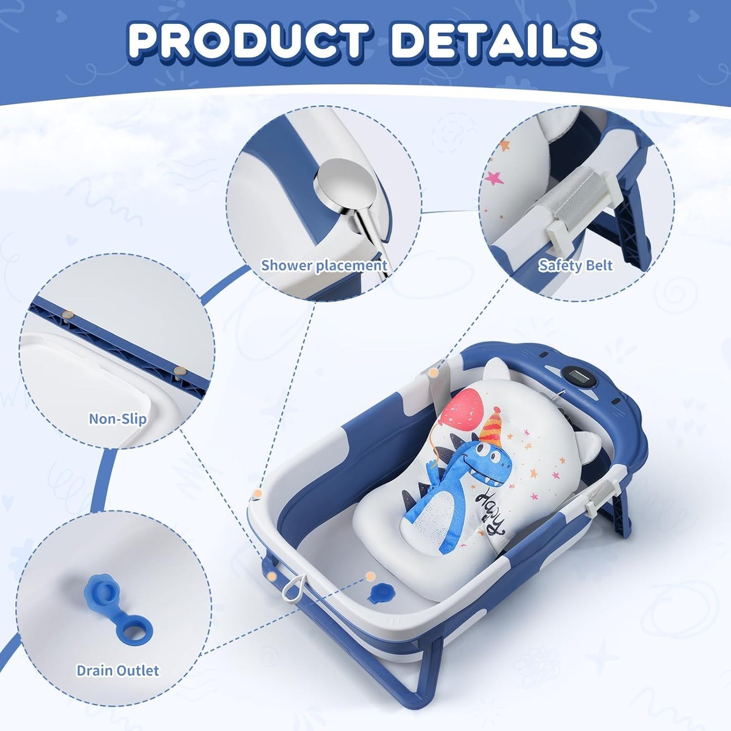 Baby Bathtub,Collapsible Baby Bath Tub with Thermometer & Soft Floating Cushion,Portable Travel