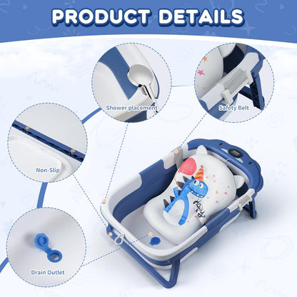 Baby Bathtub,Collapsible Baby Bath Tub with Thermometer & Soft Floating Cushion,Portable Travel