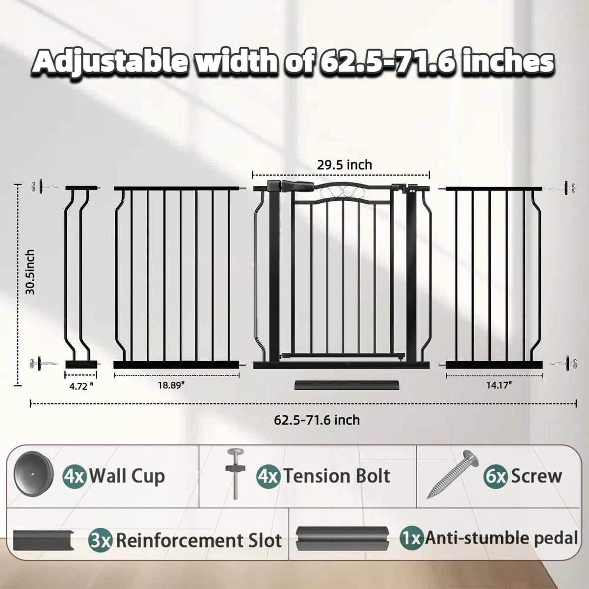 62.5"-71.6" Extra Wide Baby Gate for Doorways No Drill, Pressure Mounted Dog Gate Indoor, Walk Thru