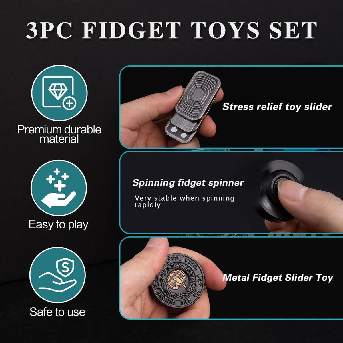 Fidget Toys Adults Pack, Metal Fidget Slider, Spinner and Haptic Coin, Decompression Metal EDC Cool