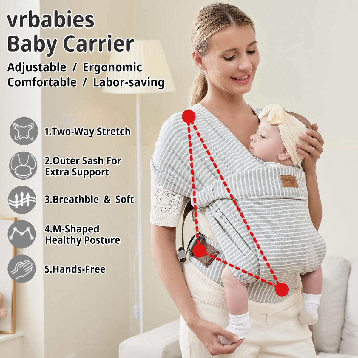 vrbabies Baby Wraps Carrier Newborn to Toddler (Striped Grey)