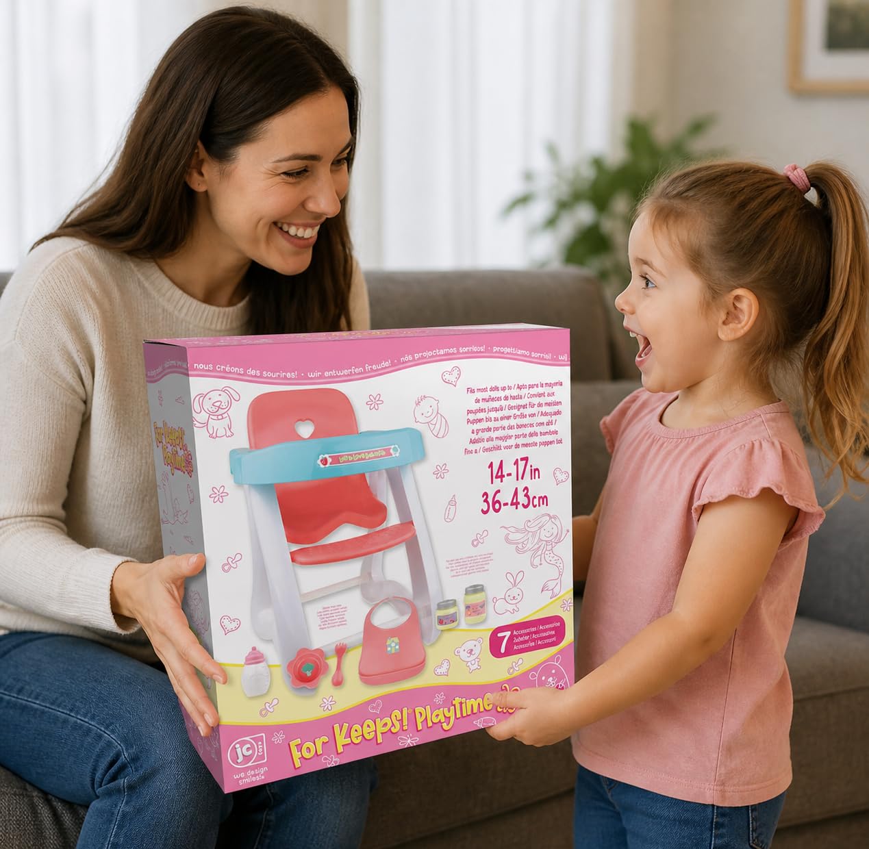 JC Toys - Doll High Chair | Fits Dolls up to 17" | Easy to Clean | Simple Assembly | 7 Piece Play