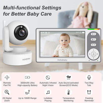 HelloBaby 4.3'' Video Baby Monitor with 30 Hours Battery, Remote Pan-Tilt-Zoom Baby Monitor No