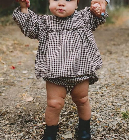 Douhoow Infant Baby Girl Plaid Romper Baby Sweatshirt Romper Ruffle Festival Clothes Fall Winter