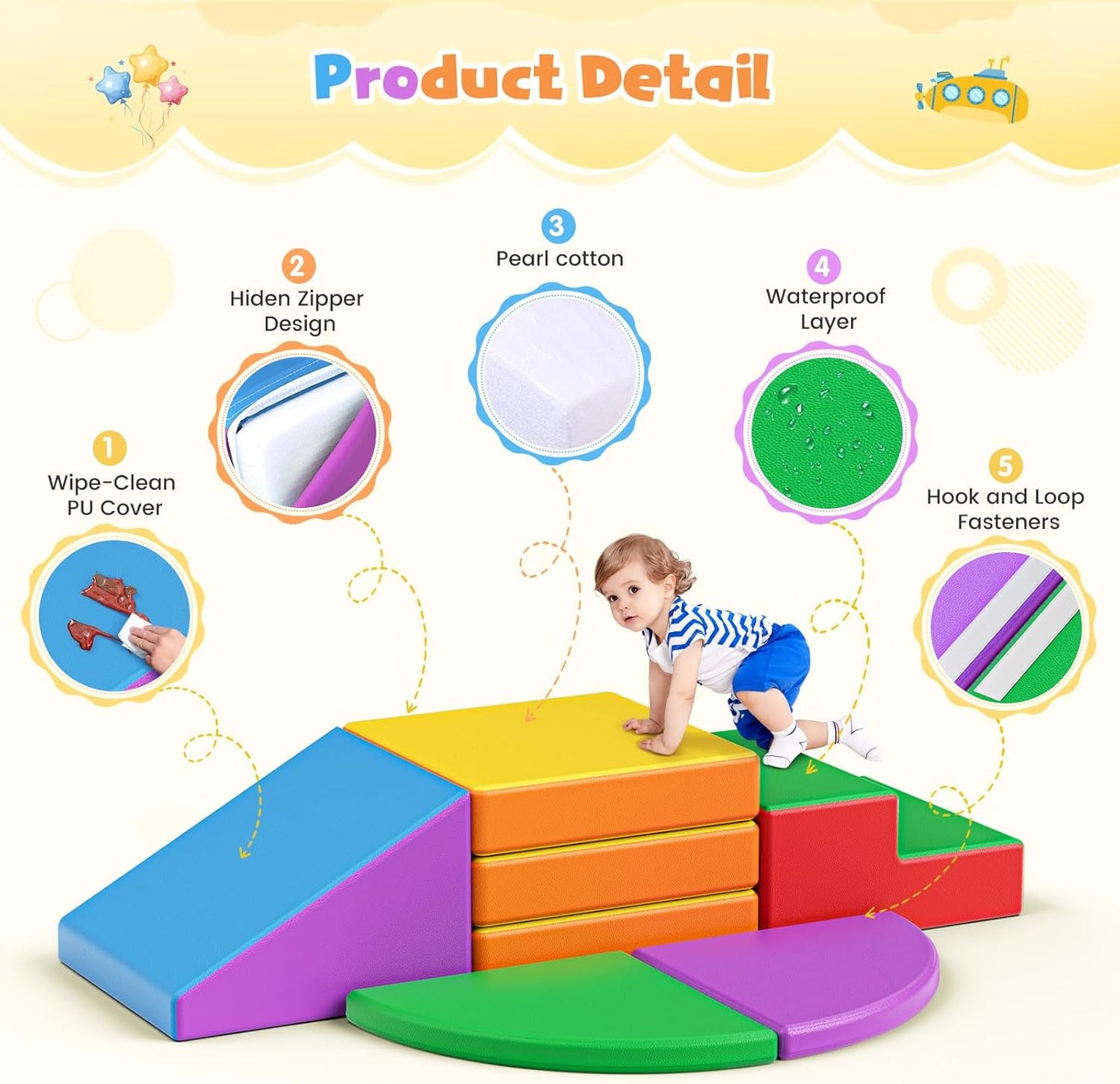 Lischwert Foam Climbing Blocks for Toddlers 1-3, 5pcs Foldable Soft Play Set with Crawling