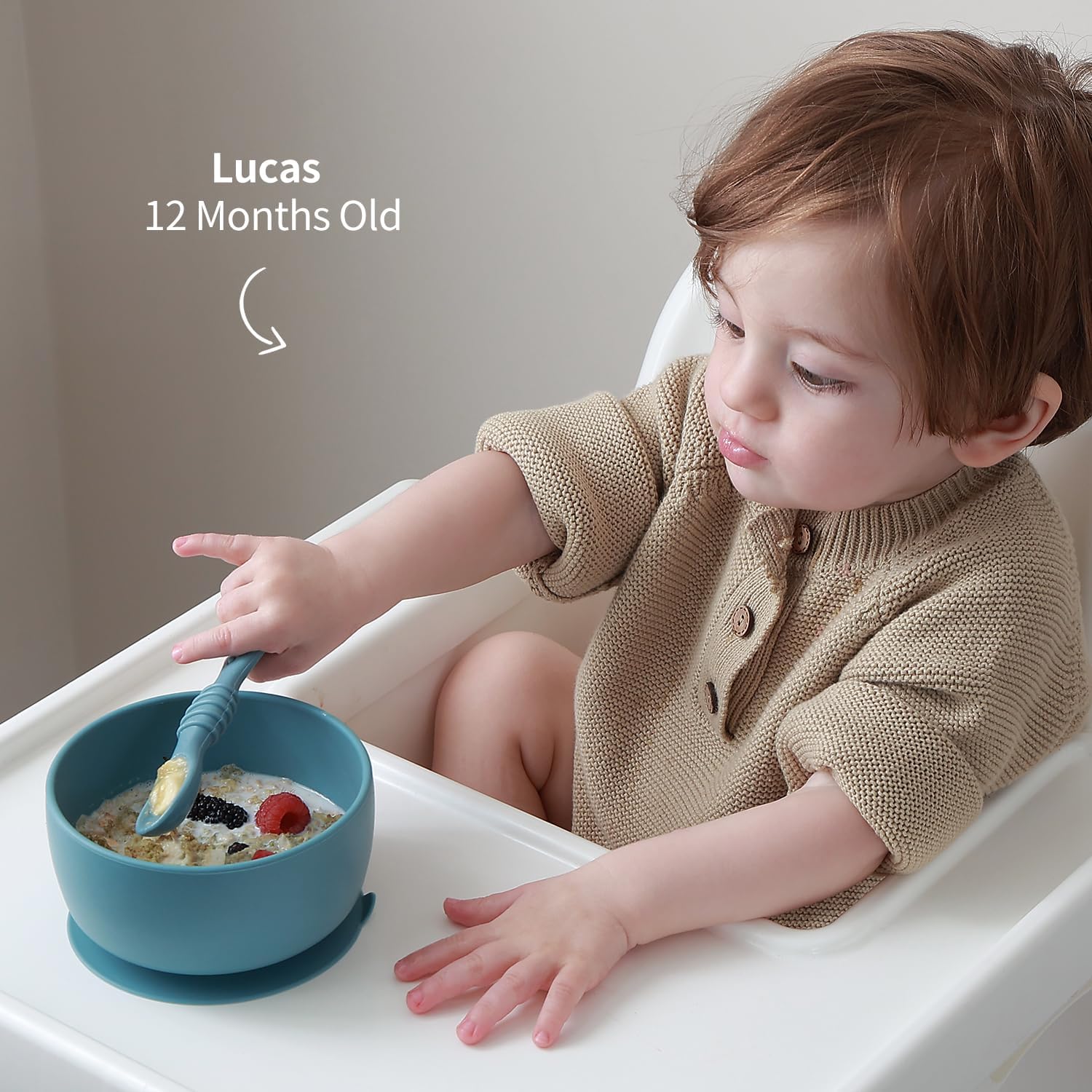 SAMiGO Silicone Baby Bowl and Spoon Set with Suction and Lid, First Stage Self Feeding Essentials