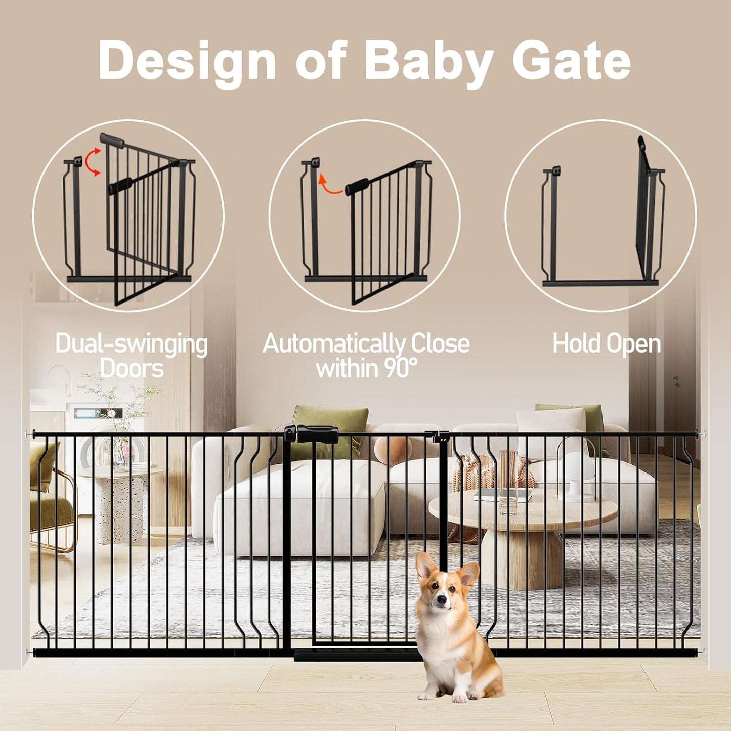 WAOWAO Baby Gate 100-109.42" Extra Wide Pressure Mounted Walk Through Swing Auto Close Safety Black