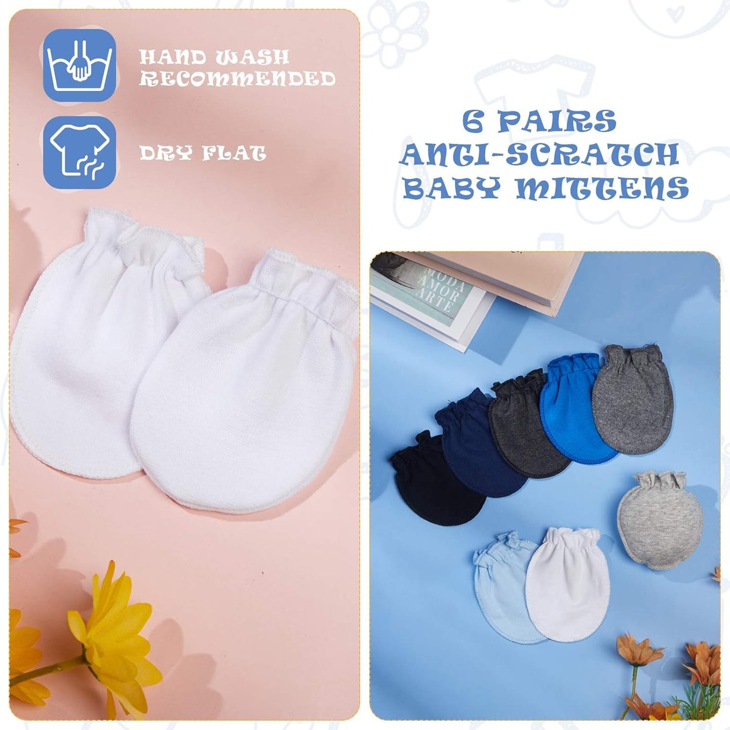 Syhood 6 Pairs Newborn Baby Mittens Cotton No Scratch Infant Gloves Mitten for Baby 0-6 Months Boys