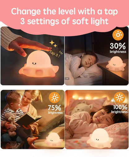 Cute Octopus Rechargeable Silicone Night Light for Kids, Dimmable Touch Control Nightlight with