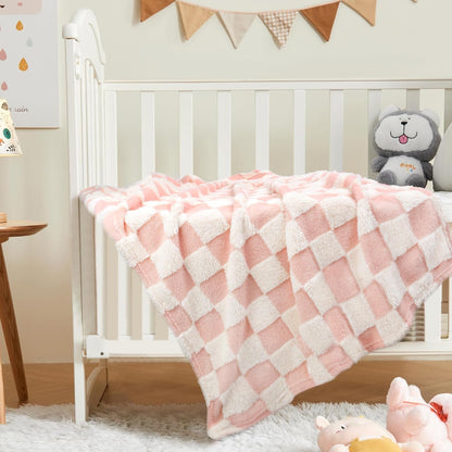 HOMRITAR Baby Blanket for Girls 3D Checkered Fleece Fluffy Fuzzy Checkerboard Grid Warmer Shaggy