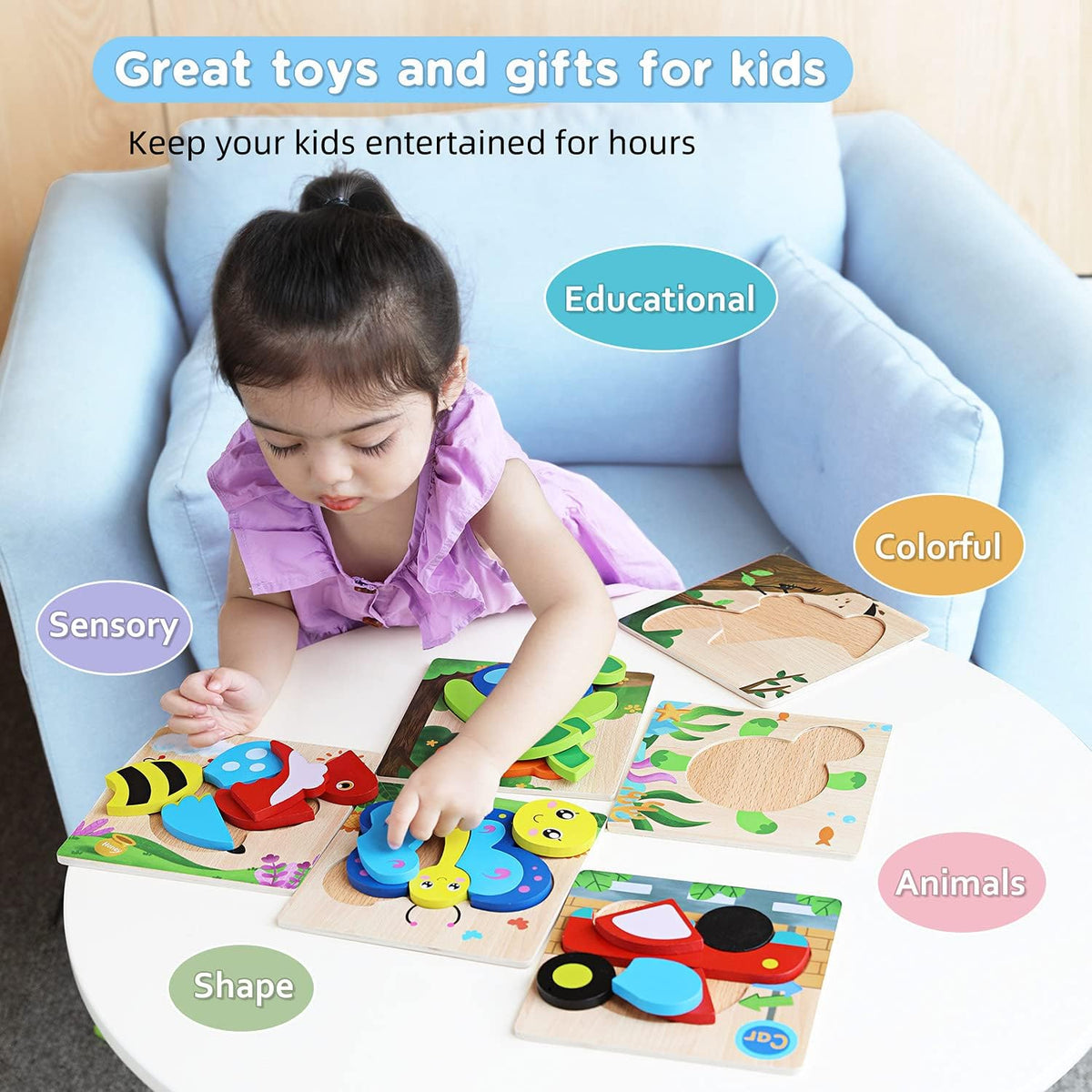 MAGIFIRE Wooden Puzzles for Toddlers 1-3 - 6-Pack Multicolor Animal & Car Puzzles - Toddler