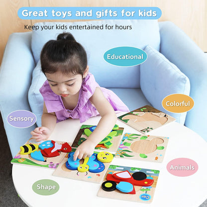 MAGIFIRE Wooden Puzzles for Toddlers 1-3 - 6-Pack Multicolor Animal & Car Puzzles - Toddler