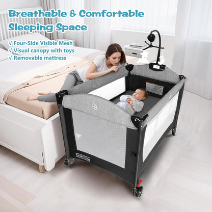 Kinder King 4 in 1 Portable Nursery Center, Foldable Baby Bedside Crib w/Bassinet, Infant Pack n