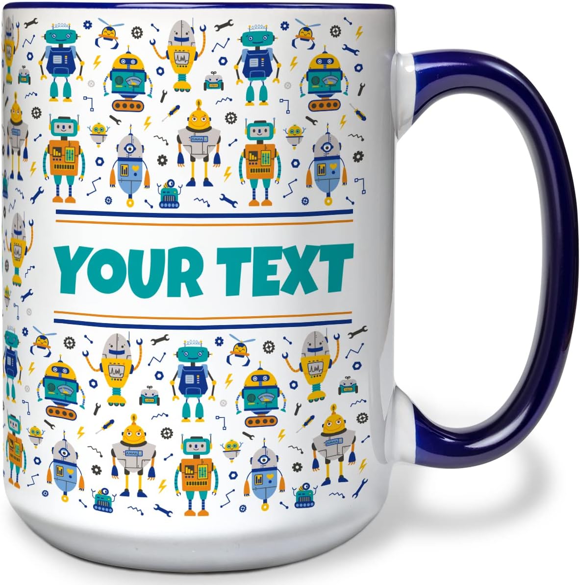 Personalized Mug for Kids - Robots - Custom Name/Text, Ceramic Hot Chocolate/Cocoa/Coffee Cup for