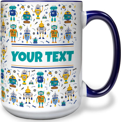 Personalized Mug for Kids - Robots - Custom Name/Text, Ceramic Hot Chocolate/Cocoa/Coffee Cup for