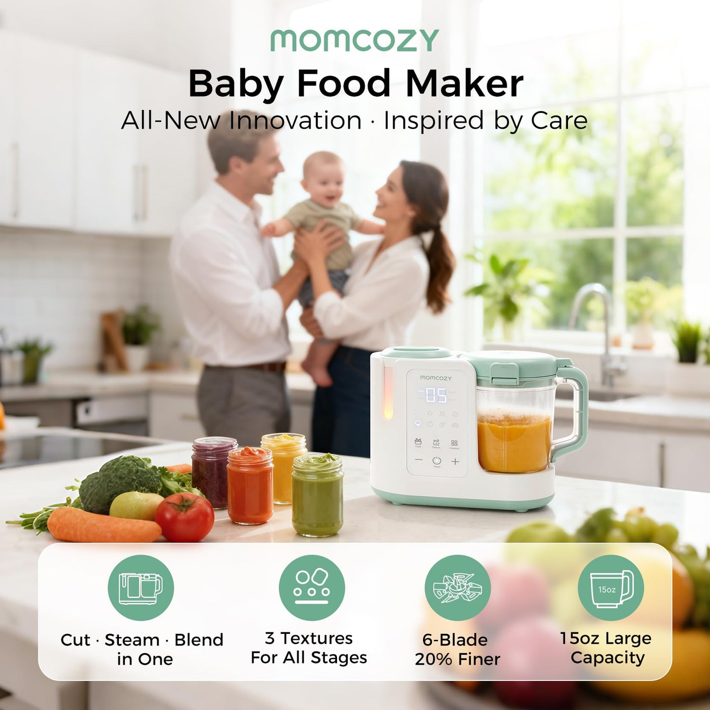 Momcozy AutoMeal Baby Food Maker – One-Step Auto Steam & Blend Food Processor, 15oz Large Cup &