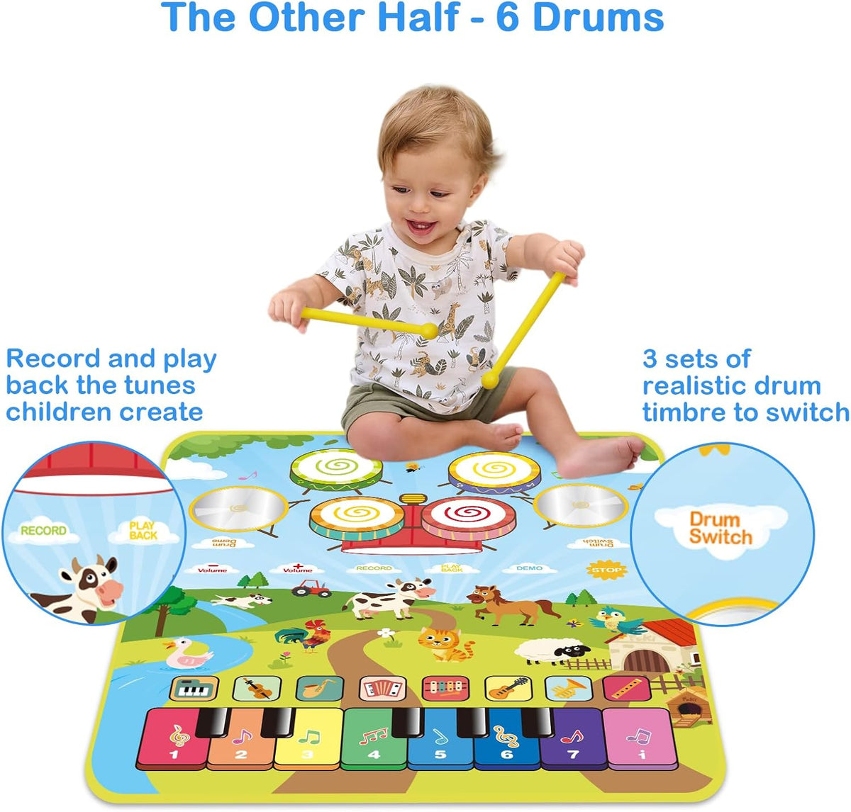 Foki 3-in-1 Musical Mats, Child Floor Piano Drum Animal Music Play Mat Montessori Sensory Early