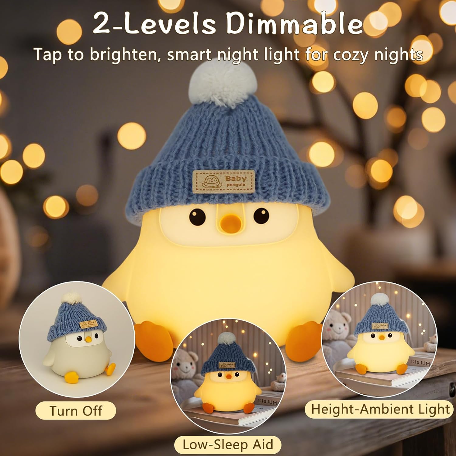 Penguin Lamp with Knit Hat,Kawaii Penguin Night Light,Food Grade Silicone,Dimmable Nursery