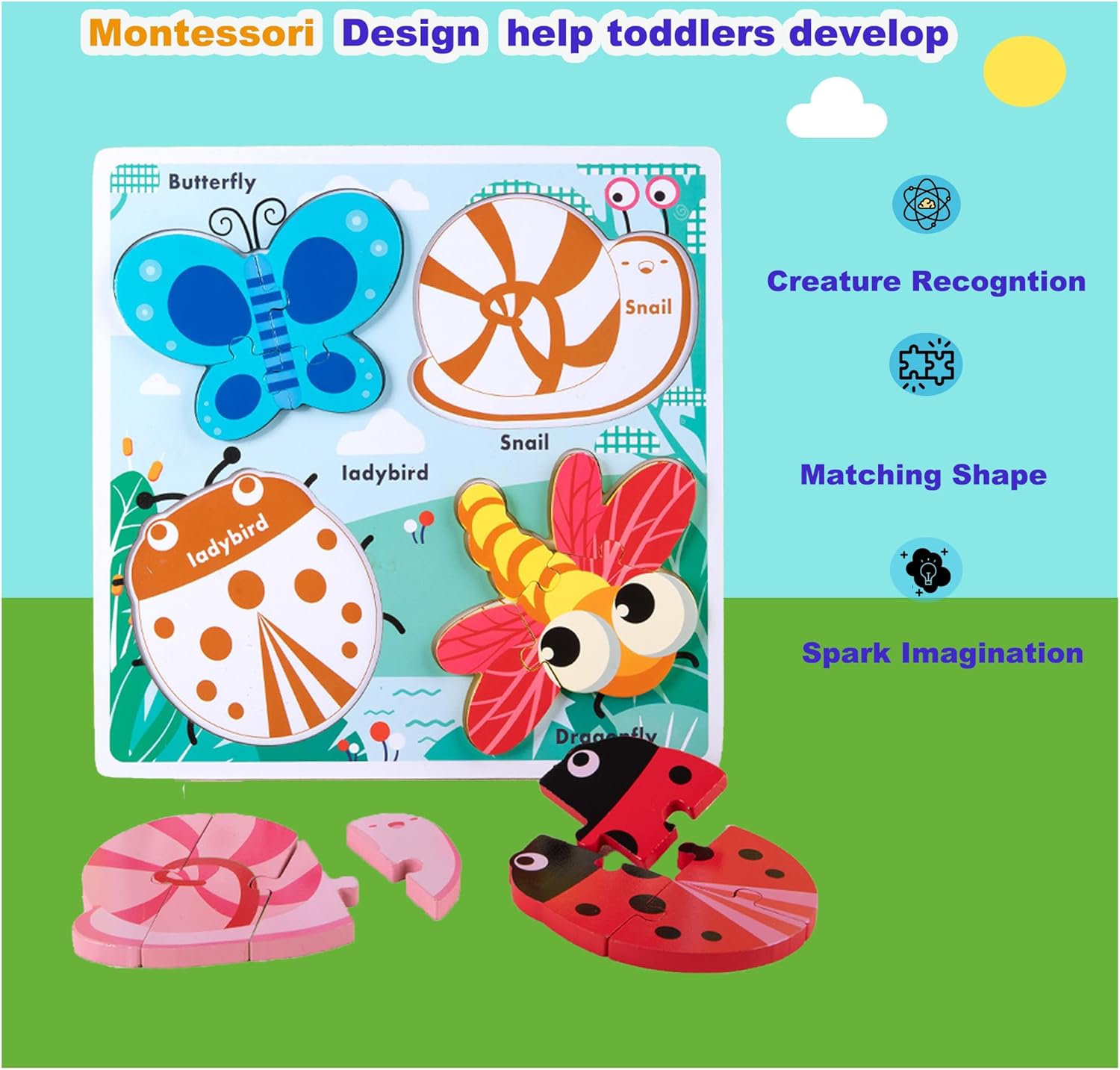 Wooden Creature Puzzles for Toddlers 2-4,Toddler Puzzle Ages 1-3, Montessori Educational Toys for 2